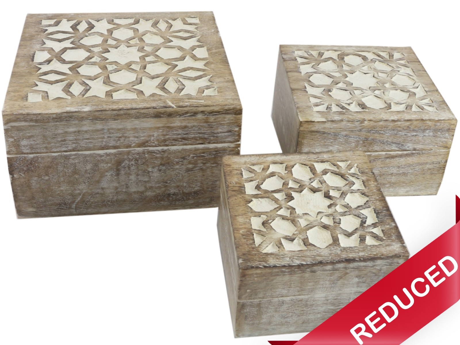 Mango Wood Set Of 3 Square Boxes - Burnt White Finish 18cm