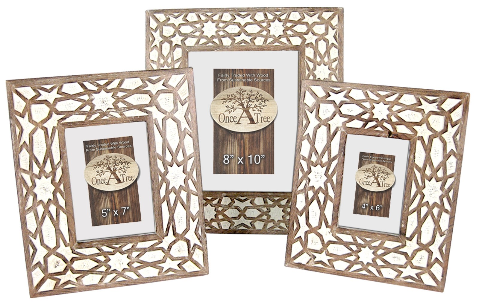 Mango Wood Set/3 Photo Frames - Burnt White Finish 39cm