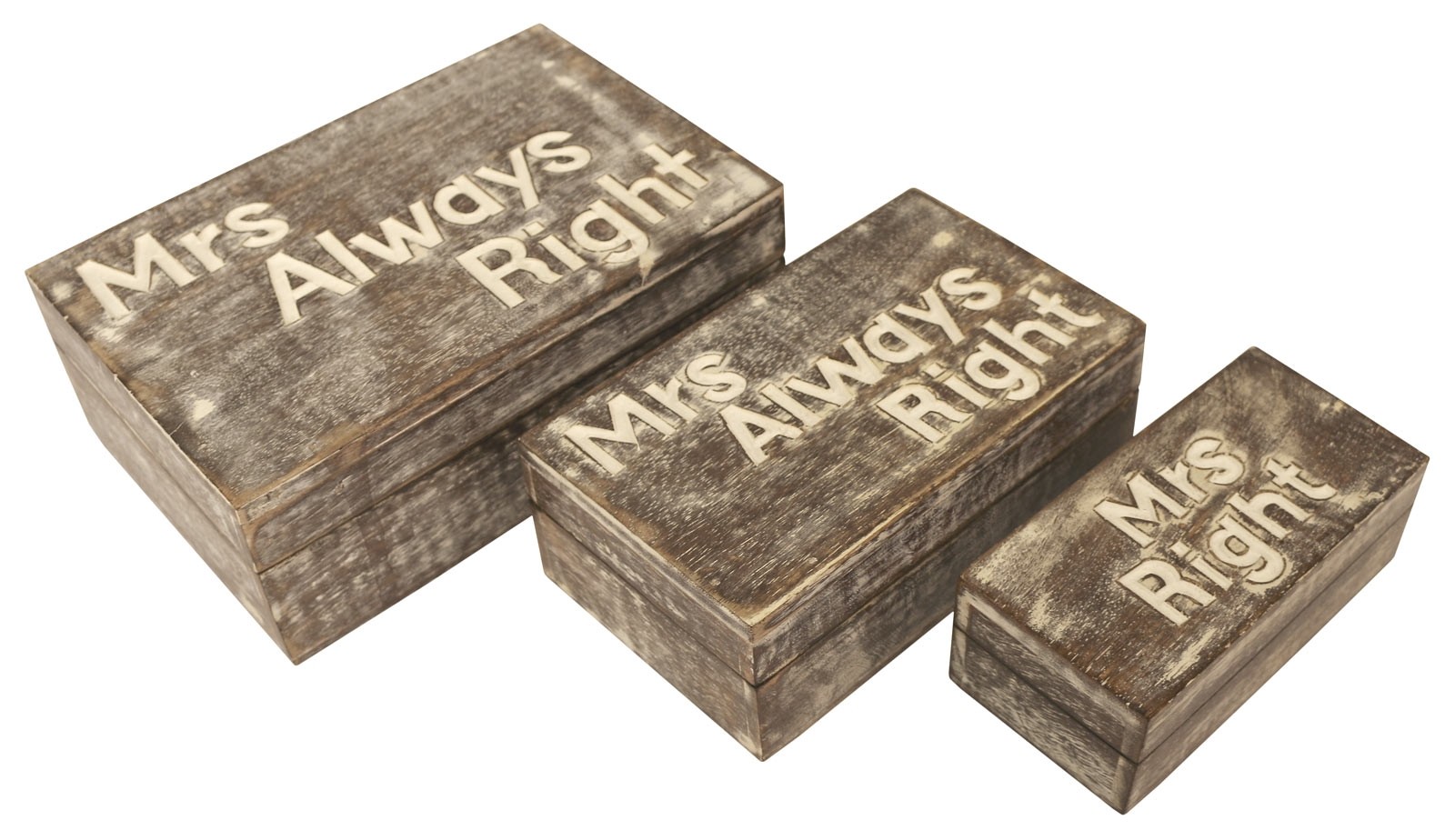 Mango Wood Set/3 Mrs Always Right Boxes 23.3cm Burnt White Finish