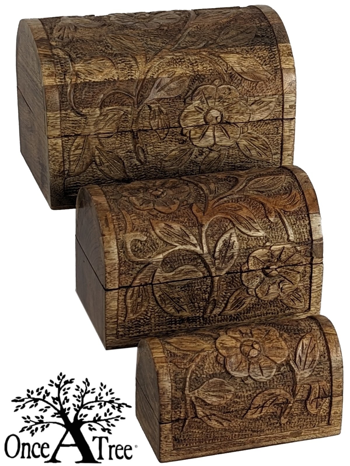 Mango Wood Set Of 3 Flower Domed Boxes 23cm