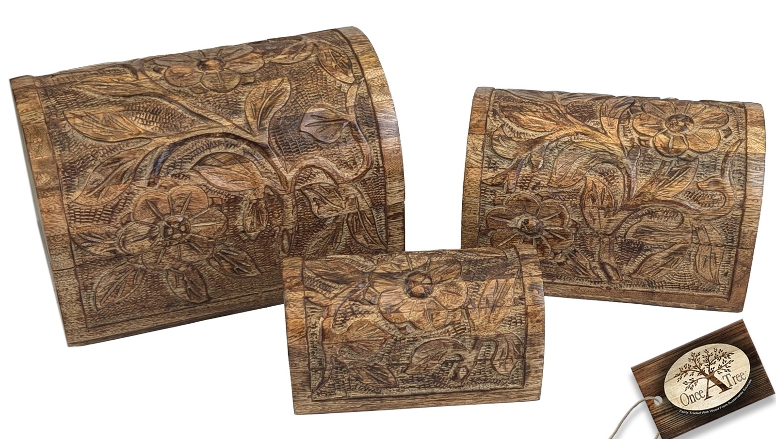 Mango Wood Set Of 3 Flower Domed Boxes 23cm