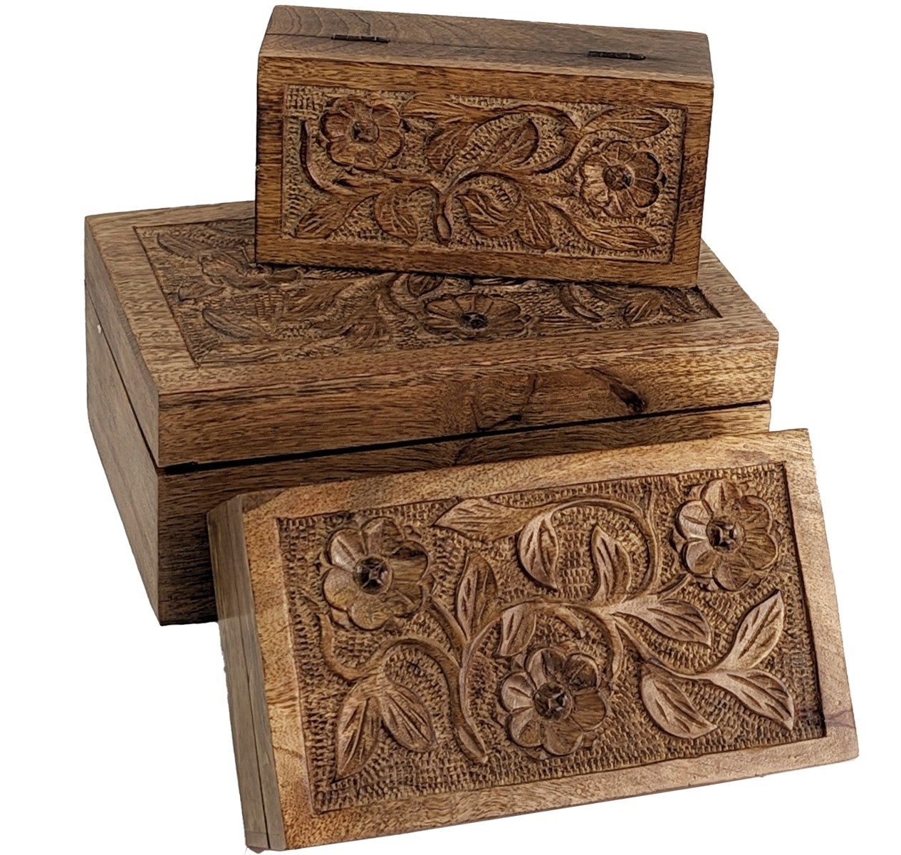 Mango Wood Set Of 3 Flower Oblong Boxes 28cm