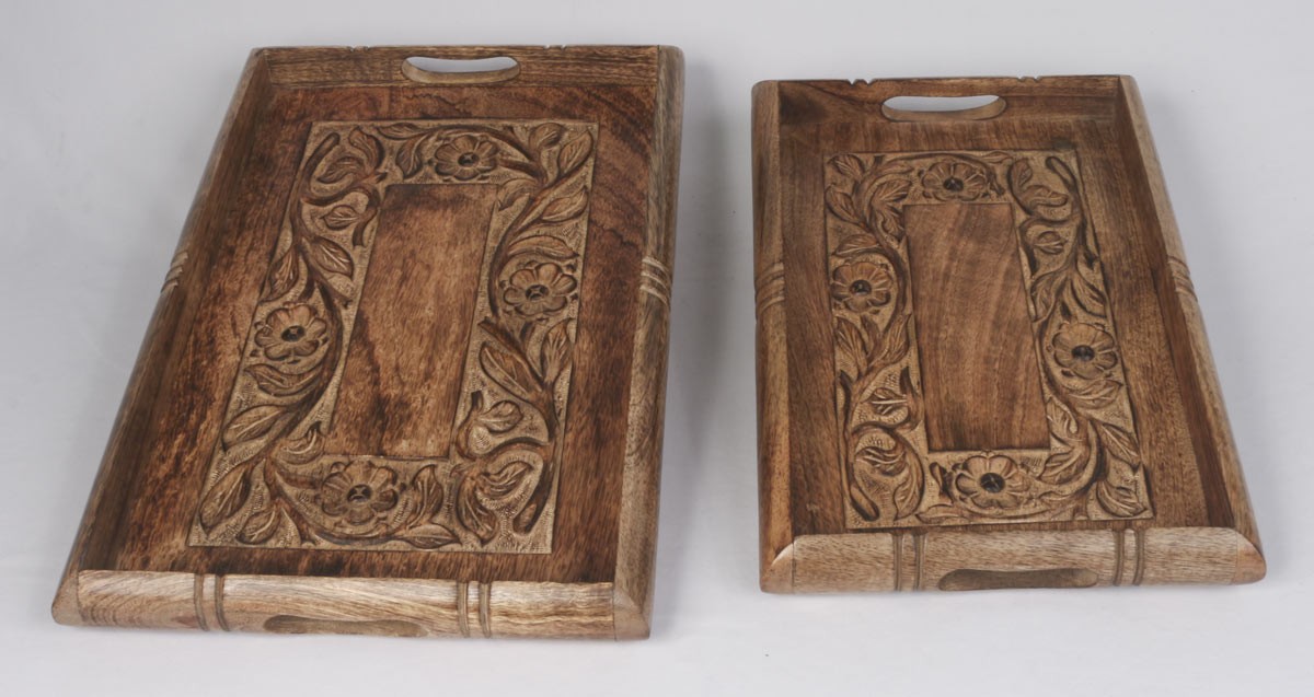 Set of 2 Mango Wood Flower Design Trays 46cm