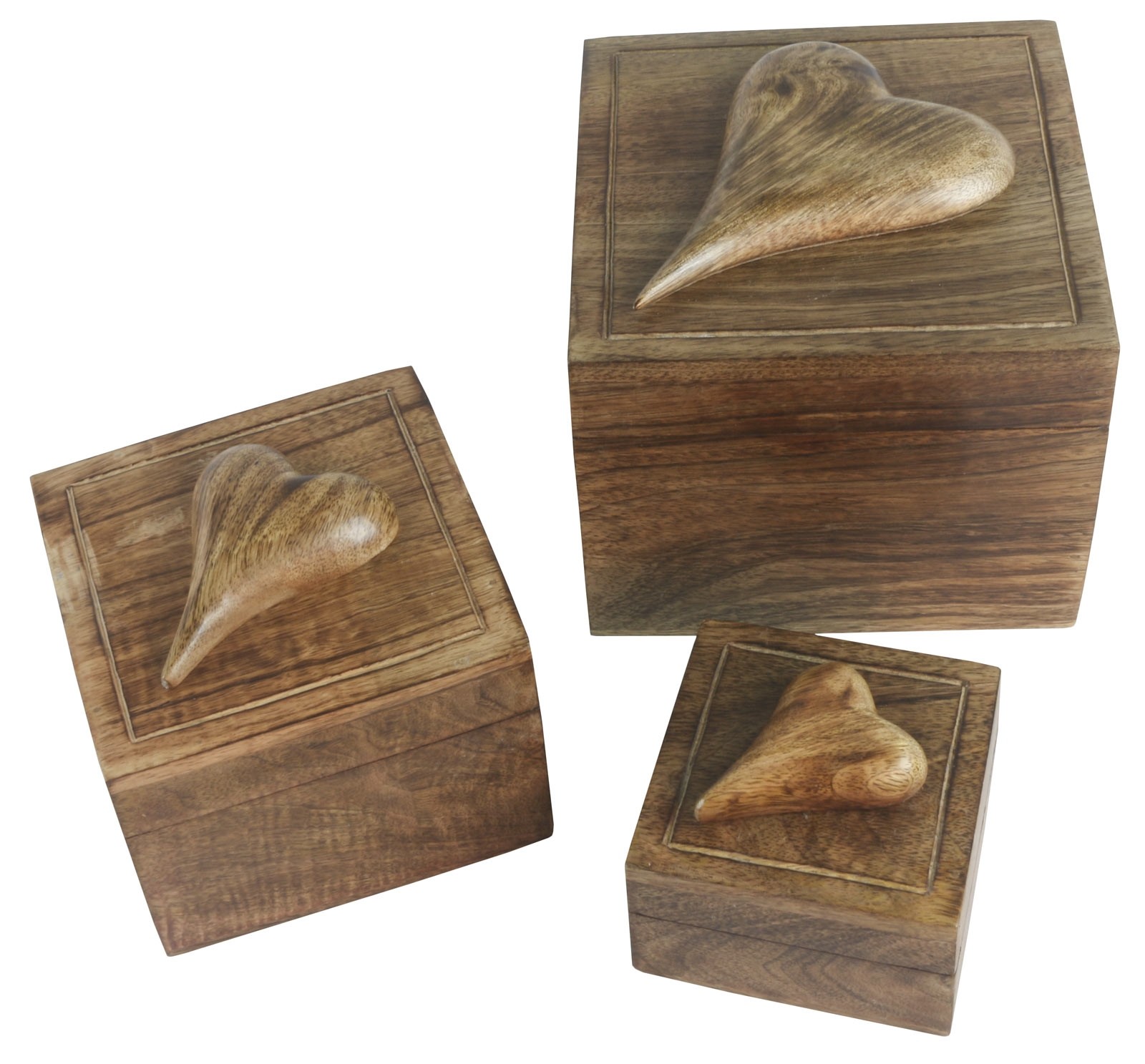 Mango Wood Set Of 3 Square Heart Boxes  18.2cm