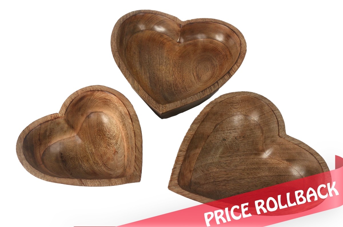 Mango Wood Set of 3 Heart Bowls