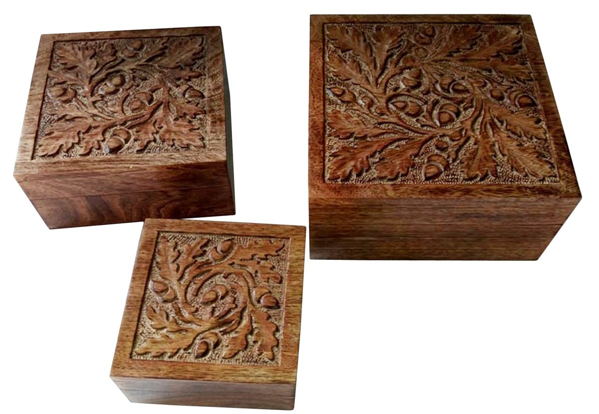 Mango Wood Acorn Design Set/3 Boxes 20cm