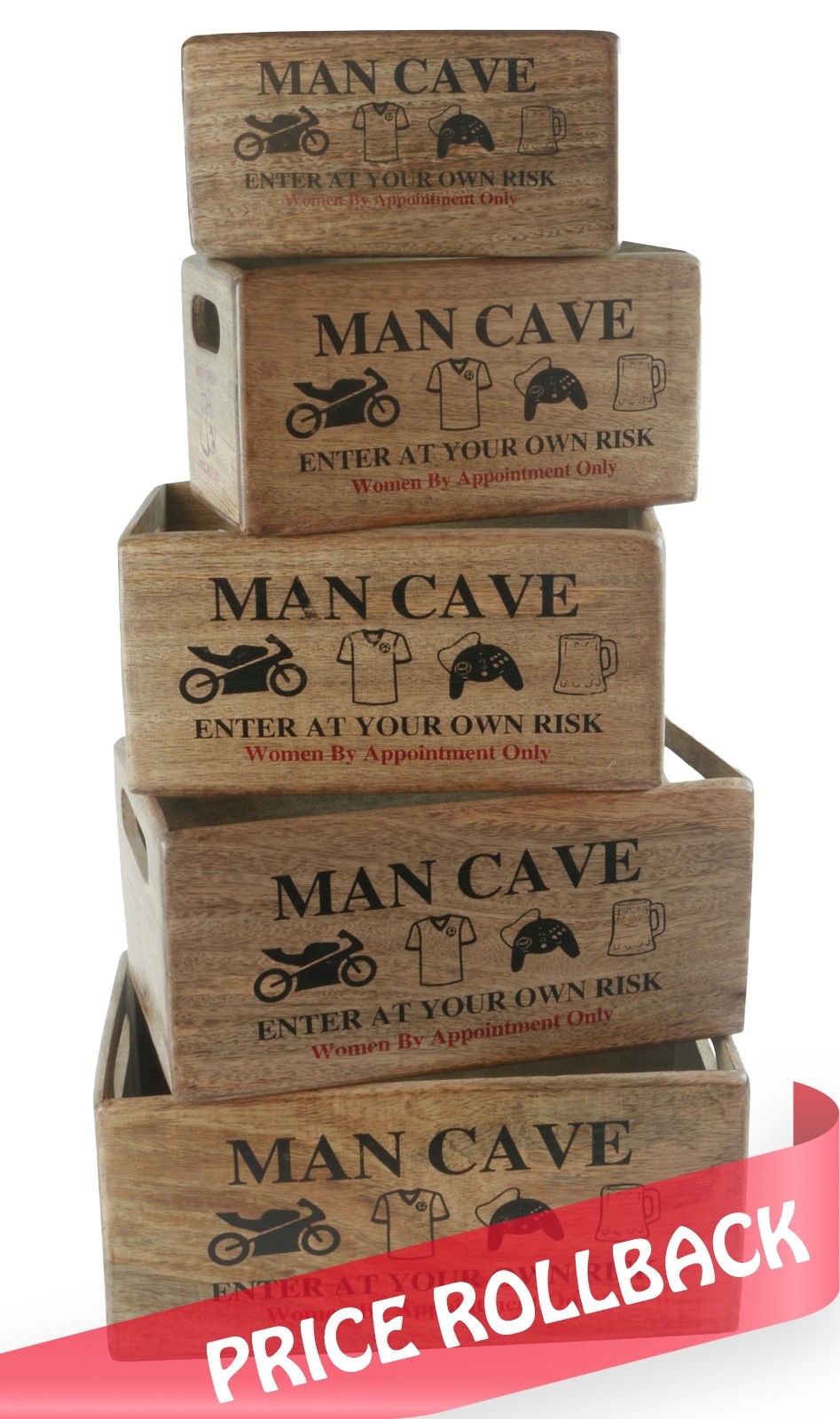 Set of 5 Mango Wood Man Cave Crates 34cm