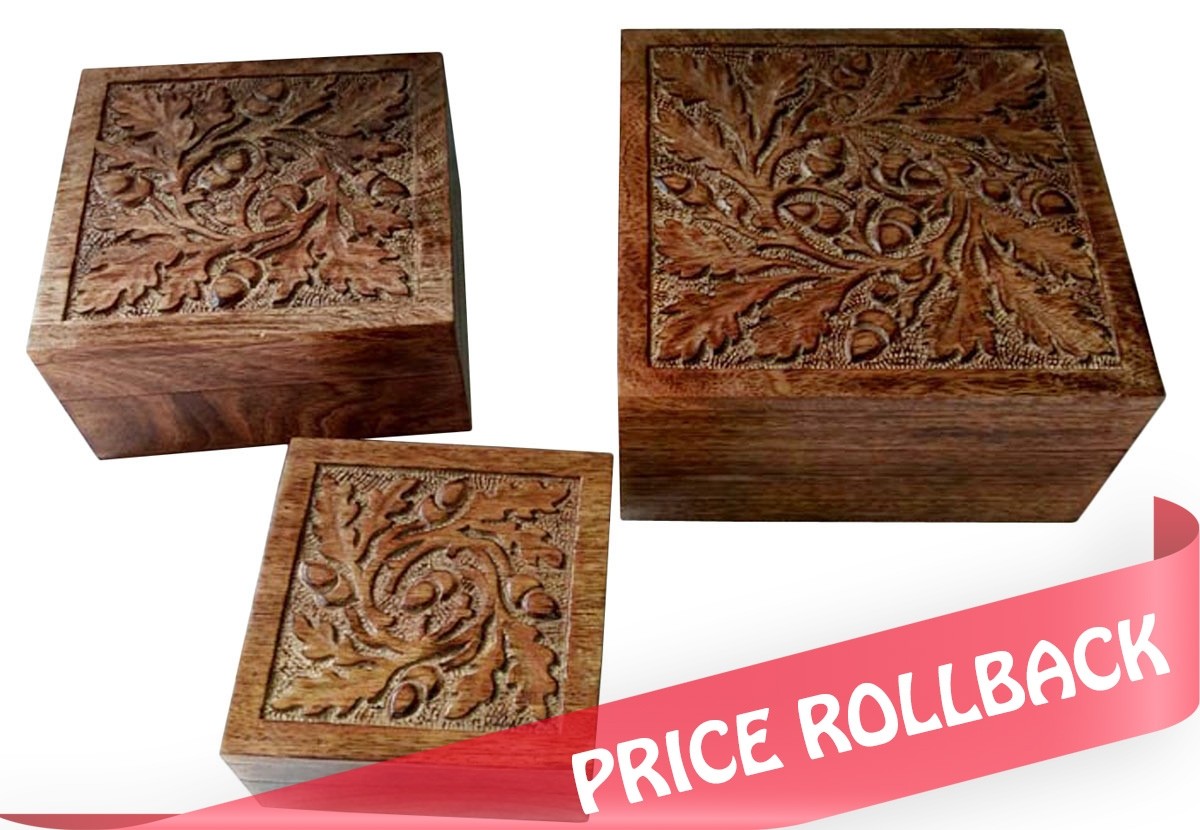 Mango Wood Acorn Design Set/3 Boxes 20cm