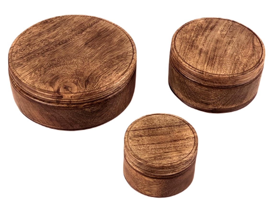 Mango Wood Set Of 3 Round Pots Burnt Finish 20cm