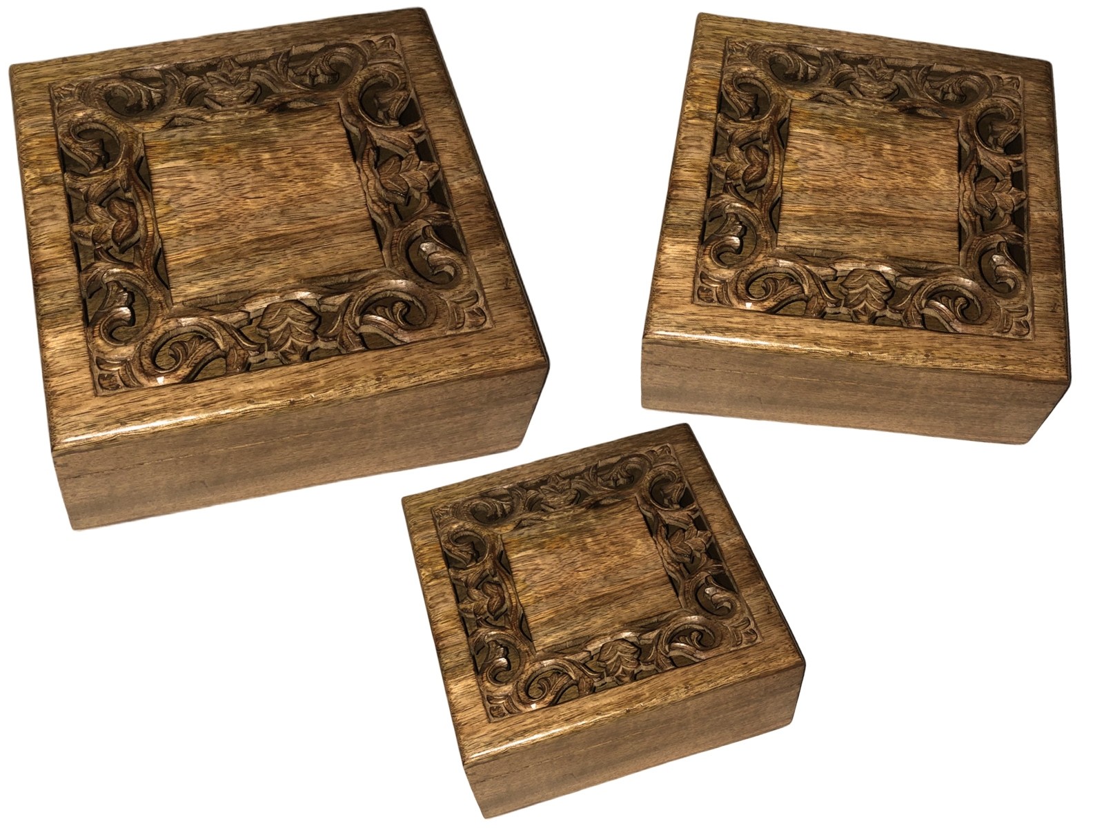 Mango Wood Set Of 3 Square Cutwork Boxes Burnt Finish 25.5cm