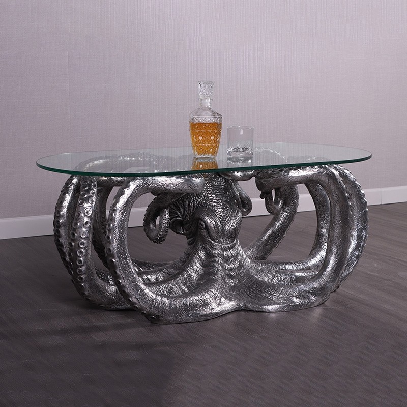 Octopus Coffee Table with Glass - 112cm - Silver Leaf Finish