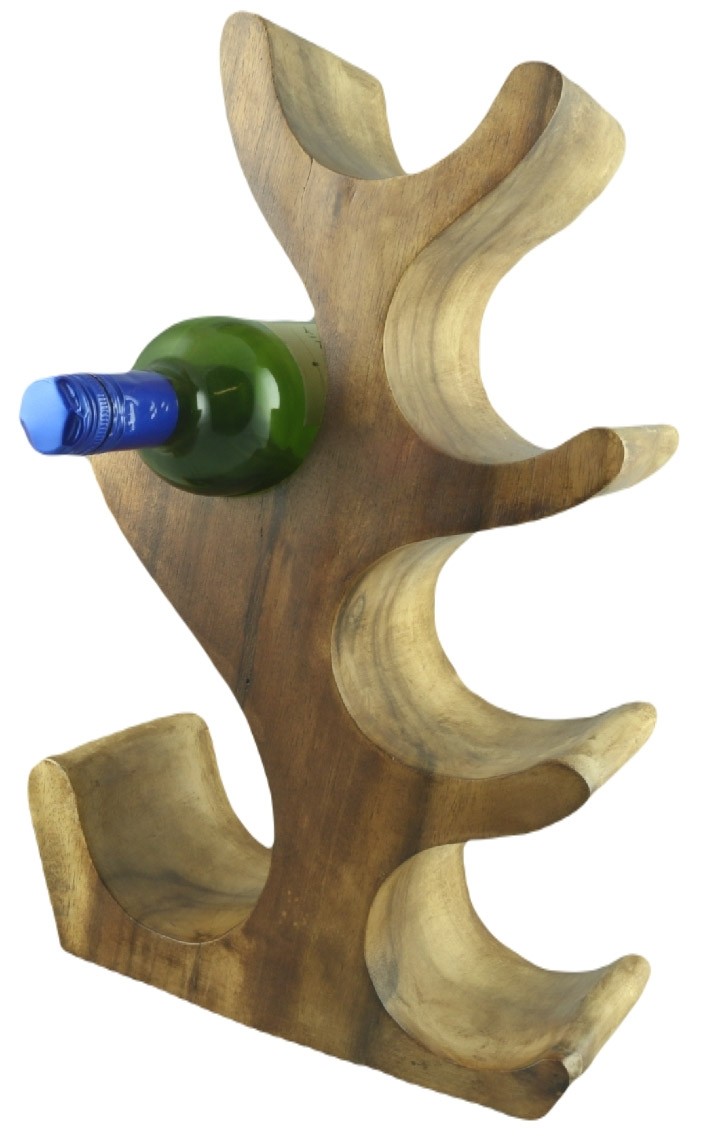 Hand Carved Wooden Tree 6 Wine Bottle Holder - Polished Finish 43cm