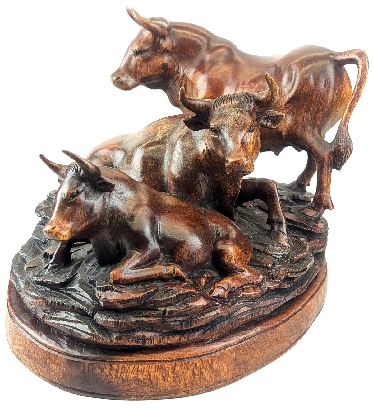 Hand Carved Wooden 3 Bulls On Plinth 40cm