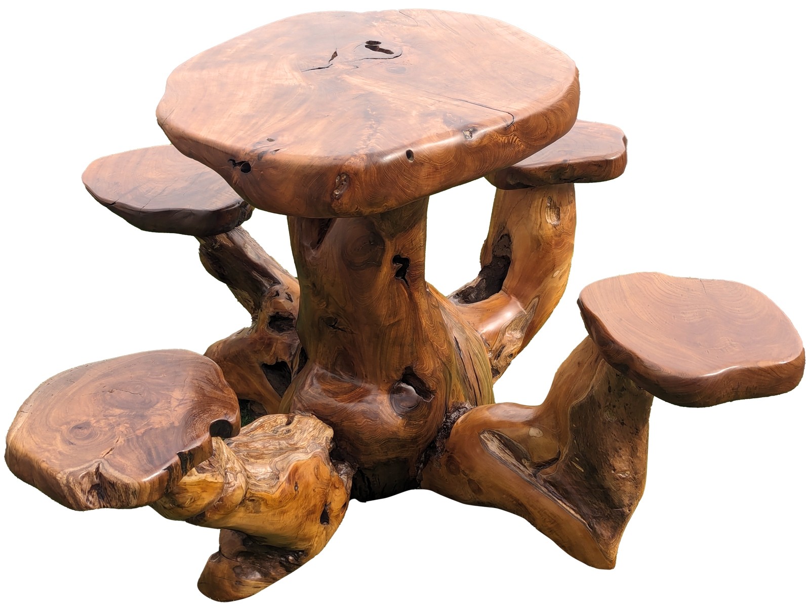 Hand Carved  Wooden Teak Root Table & 4 Stool Set - 79cm