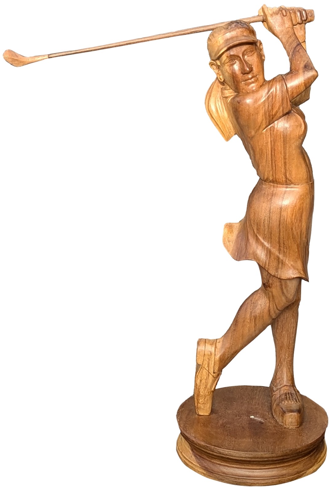 Hand Carved Wooden Statue Of Female Golfer - Suar Wood - 85cm