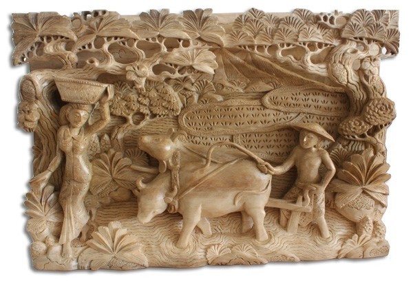 Hand Carved Wooden Ploughing Wall Hanging Natural Polished - 32cm