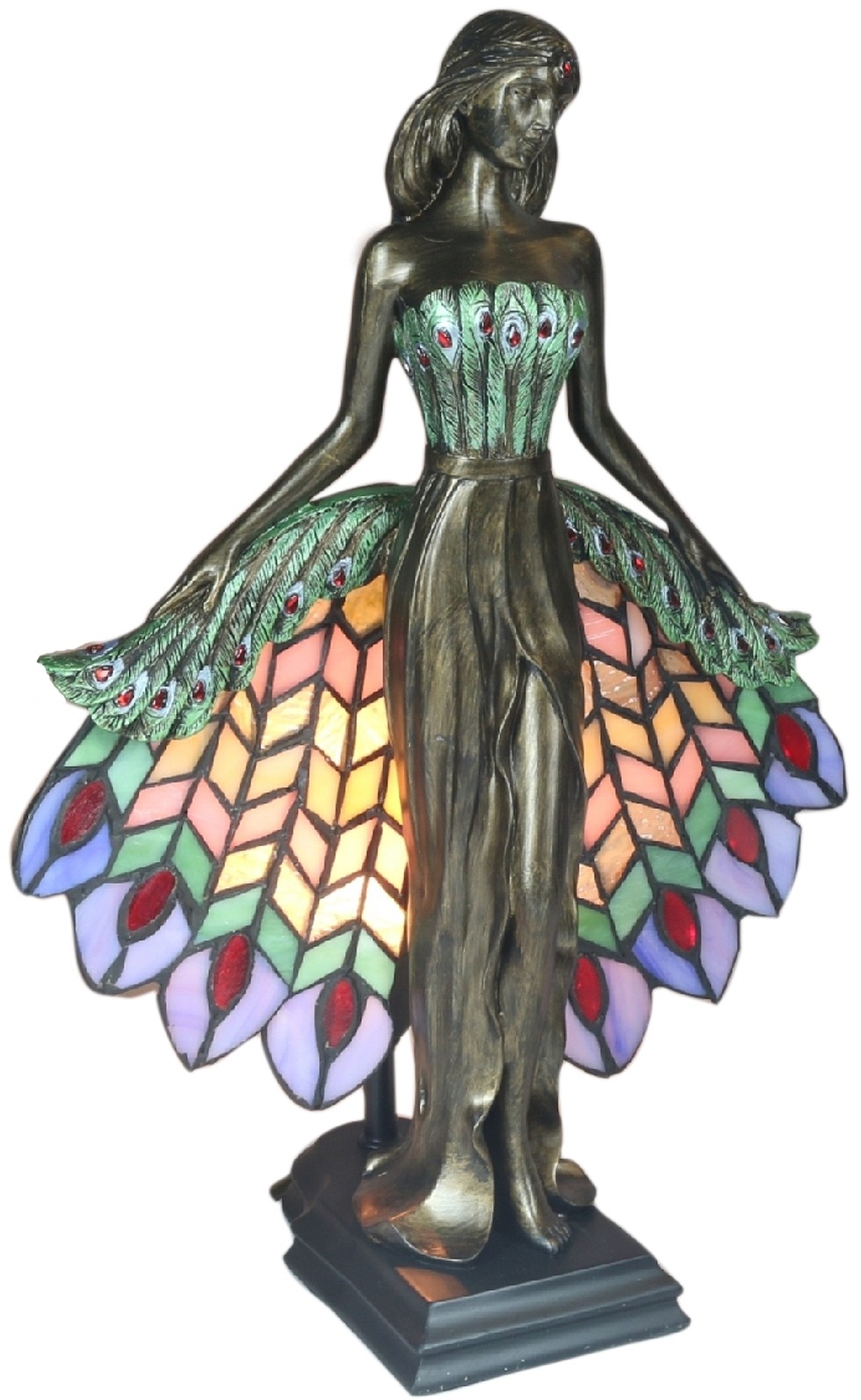 Peacock Lady Lamp with Tiffany Style Glass Skirt 41cm