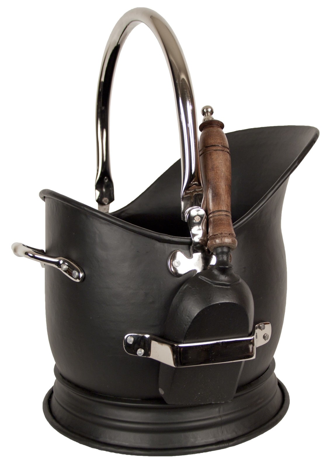 Black Coal Bucket /Scuttle/ With Shovel - Nickel Finish Handles 45cm