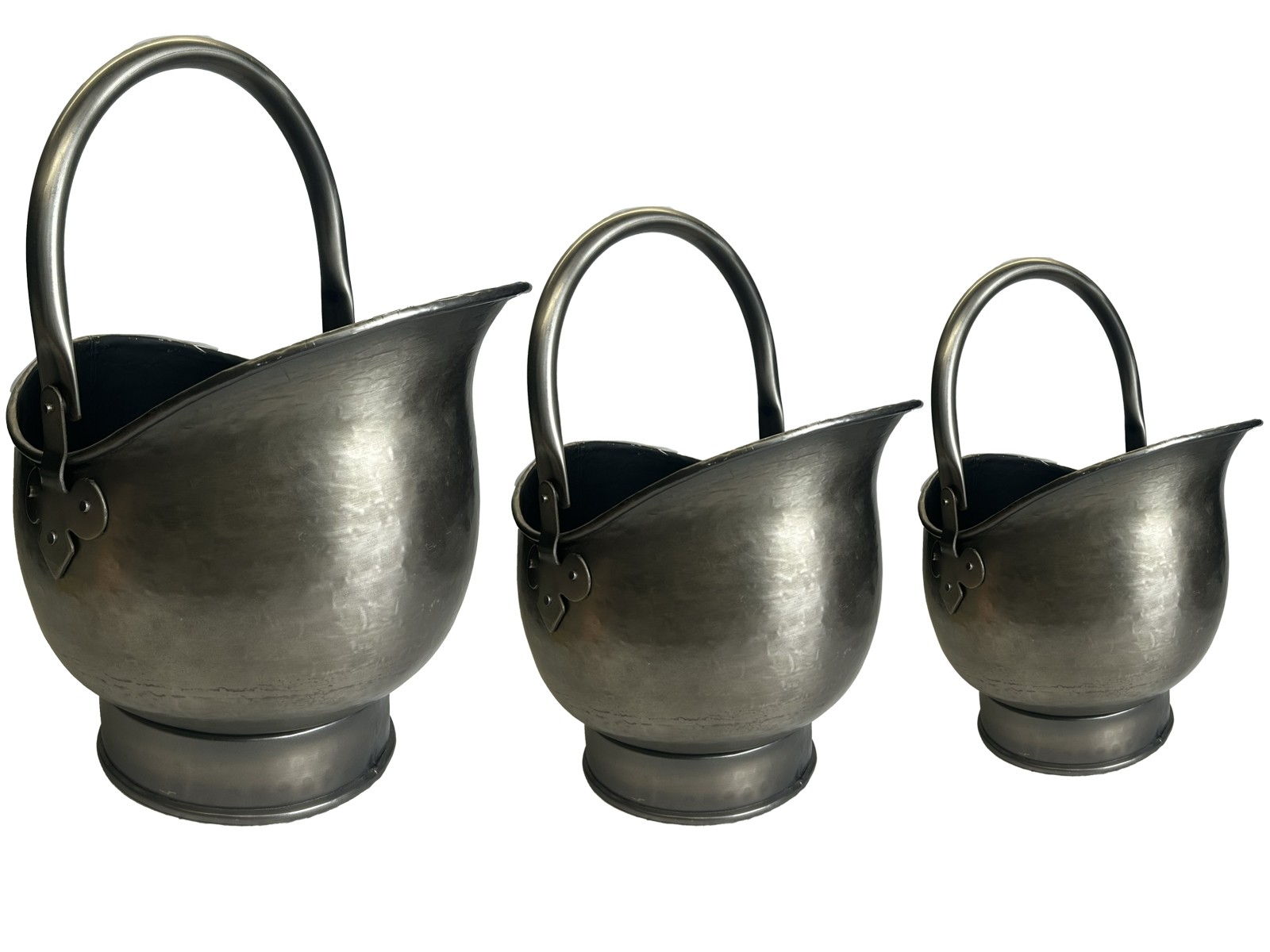 Set of 3 Round Coal Buckets Antique Pewter Finish - 44cm  