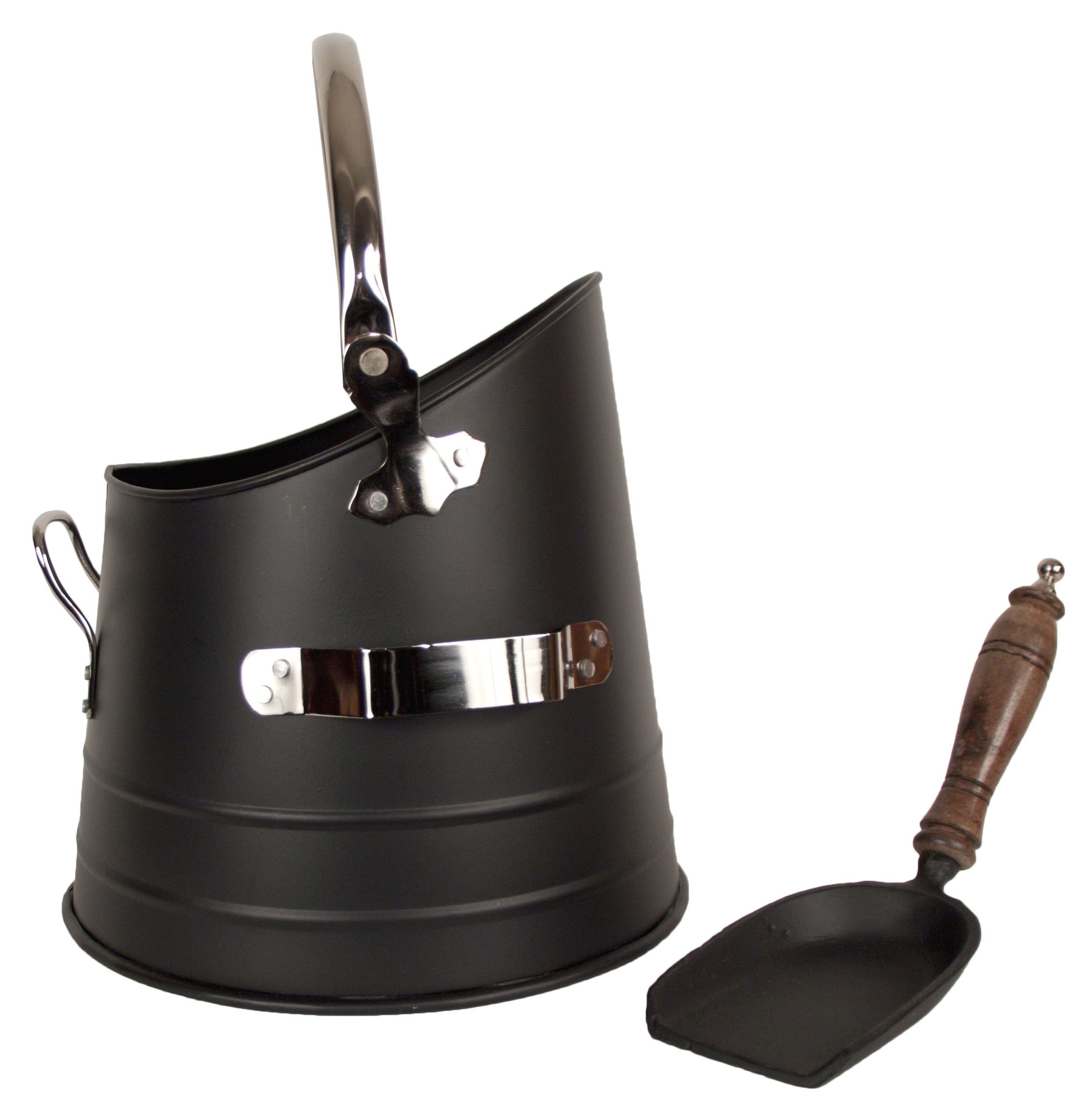 Black Round Bucket / Shovel With - Nickel Finish Handles 37cm