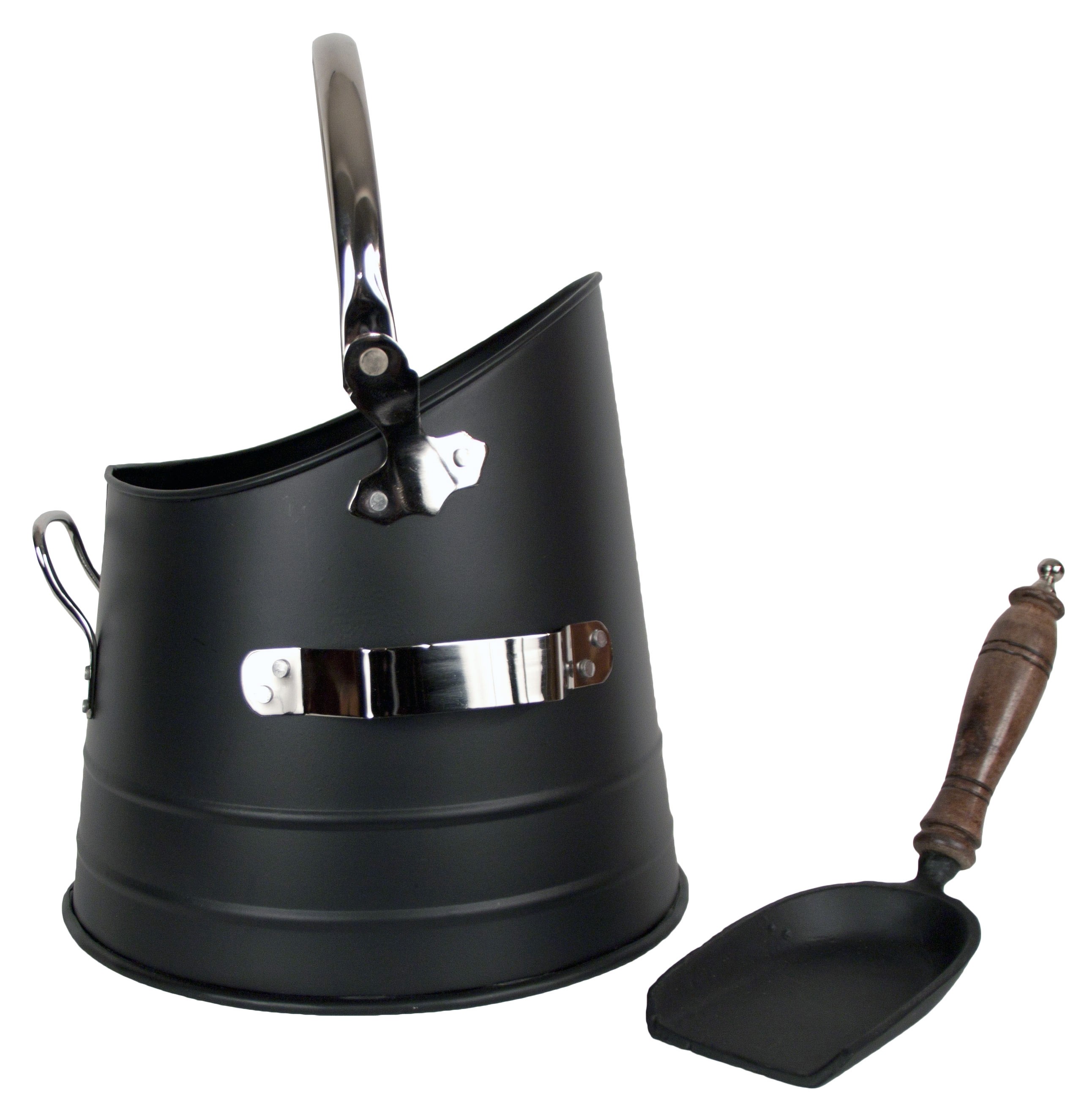 Black Round Bucket, Shovel With Nickel Finish Handles - 37cm