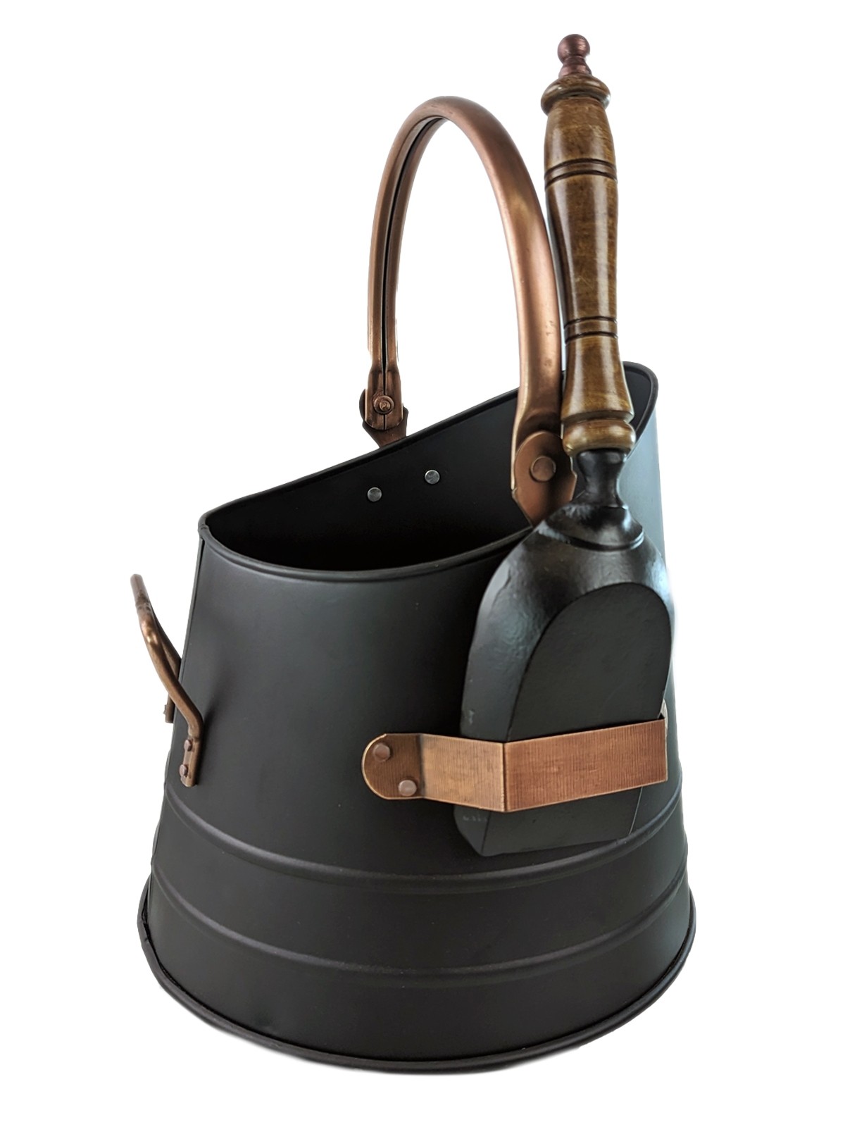 Round Bucket, Scuttle With Shovel - Black and Copper 37cm