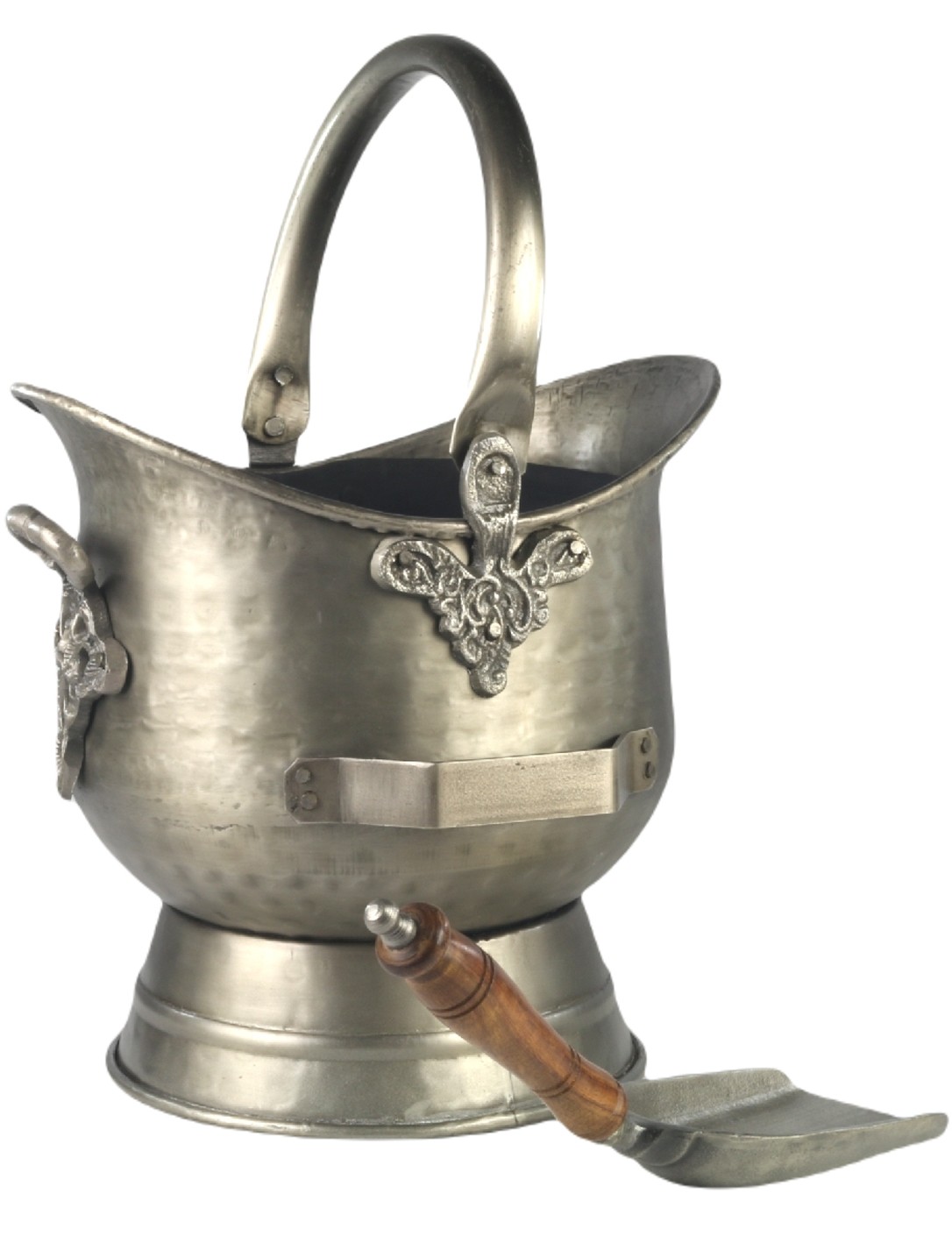 Coal Bucket, Scuttle With Shovel, Embossed Hinges Antique Pewter Finish - 44cm
