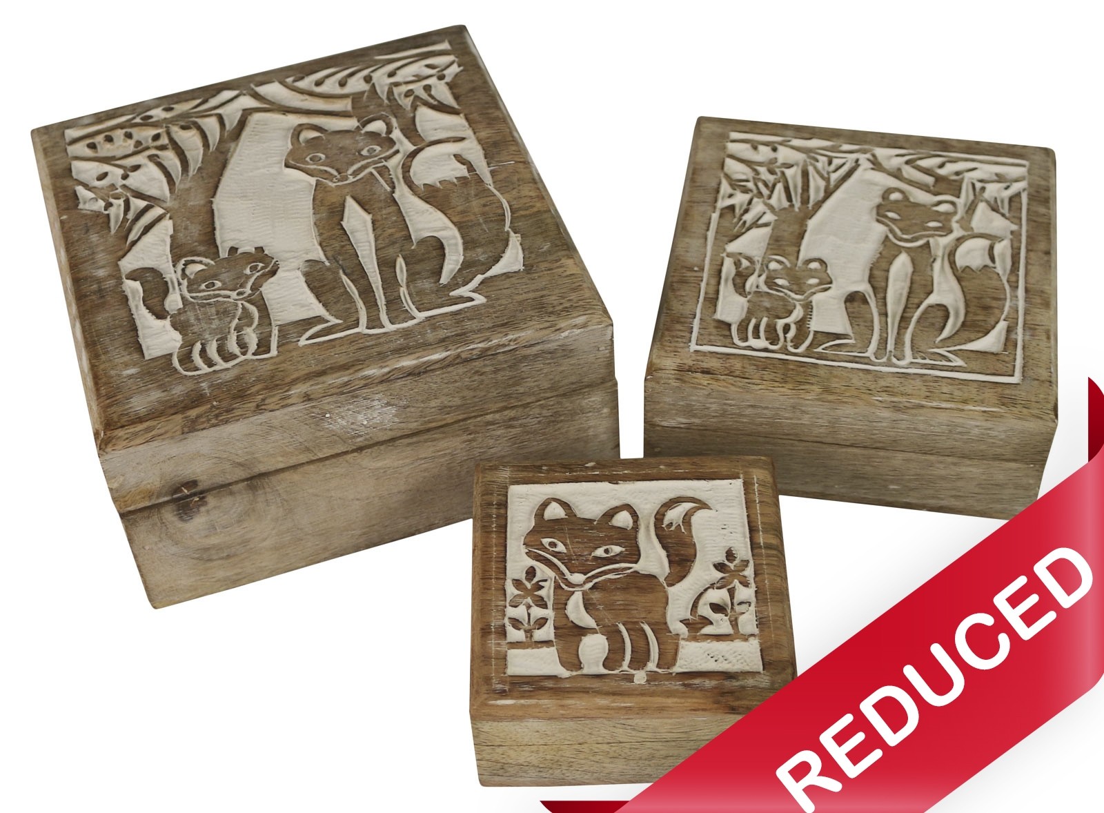 Set of 3 Square Fox Boxes - White Finish 18cm