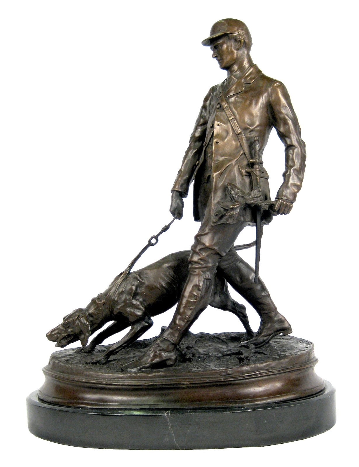 Man with Dog Foundry Cast Bronze Sculpture On Marble Base 47.5cm