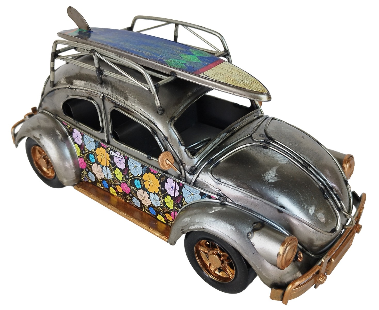 Vintage Beetle Flower Power Surf Car - Polished Metal - 22cm