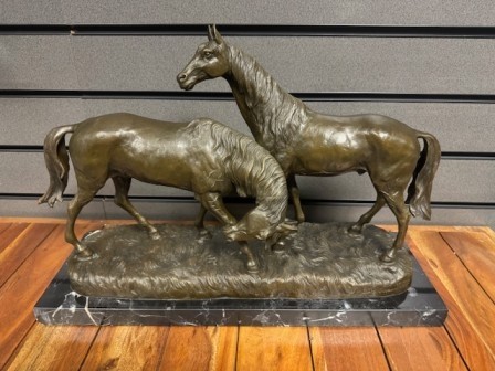 Pair Of Horses Cast Bronze Sculpture On Marble Base 53cm *Ex Display*