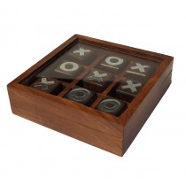 Tic Tac Toe In Glass Lid Box Sheesham Wood - 12.5cm