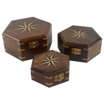 Wooden Set Of 3 Star Design Hexagonal Boxes 19cm