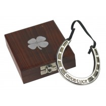 Good Luck Horse Shoe in Wooden Box with 4 Leaf Clover Design 12cm