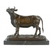 Foundry Cast Bronze Cow Sculpture On Marble Base 34cm