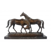 Pair Of Horses Foundry Cast Bronze Sculpture On Marble Base 53cm
