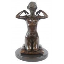 Kneeling Lady Foundry Cast Bronze Sculpture On Marble Base 31cm