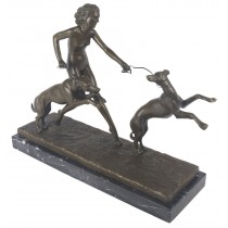 Lady with 2 Dogs Bronze Sculpture On Marble Base 42cm