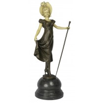 Lady Holding Stick Foundry Cast Bronze Sculpture On Marble Base 40cm