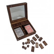 Multi Game Set - Domino, Dice and Double Card Box - Sheesham Wood - 17cm