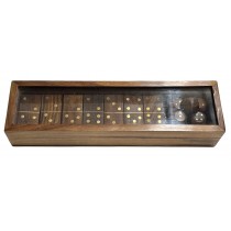 Domino, Dice Set Sheesham Wood / Nickel Plated With Glass Lid - 20cm