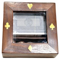 Card Dice Set Sheesham Wood / Nickel Plated With Glass Lid - 12cm  