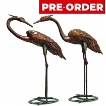 77.5cm. Aged Copper/Verdigris Finish 3D Pair of Cranes Statues On Heavy Metal Base