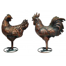 48cm Aged Copper/Verdigris Finish 3D Rooster and Hen Statues On Heavy Metal Base