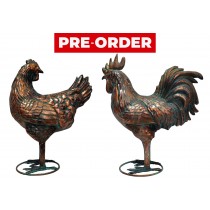 Pair of Aged Copper/Verdigris Finish 3D Rooster/Hen Statues On Heavy Metal Base - 48cm