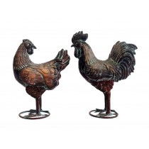27.5cm Aged Copper/Verdigris Finish 3D Small Rooster and Hen Statues On Heavy Metal Base