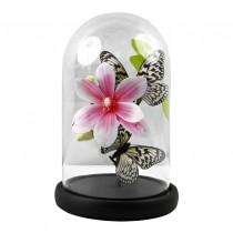 Butterflies on Pink Flowers In Glass Dome - 22 x 14cm