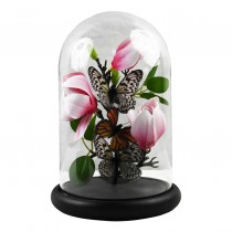 Butterflies on Pink and White Flowers In Glass Dome - 26 x 17.5cm