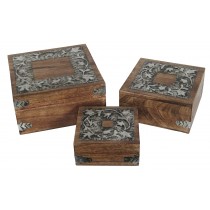 Mango Wood / Metal Flower Design Set of 3 Boxes 20.5cm