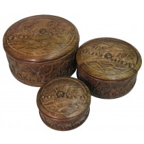 Mango Wood Elephant Design Set/3 Round Boxes 31cm